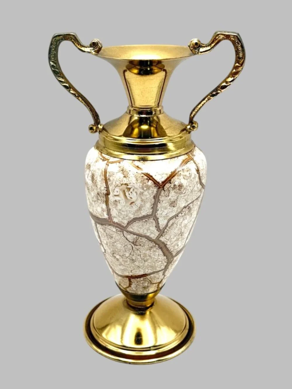 Vintage Holland Brass Crackle Glass Double Handle Urn Vase Hollywood Regency